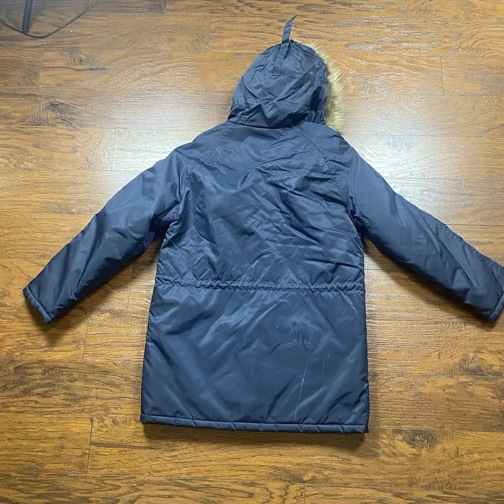 Vintage JCPenney Boys N-3B Parka Jacket Navy Blue Faux Fur Hood XL 18-20
